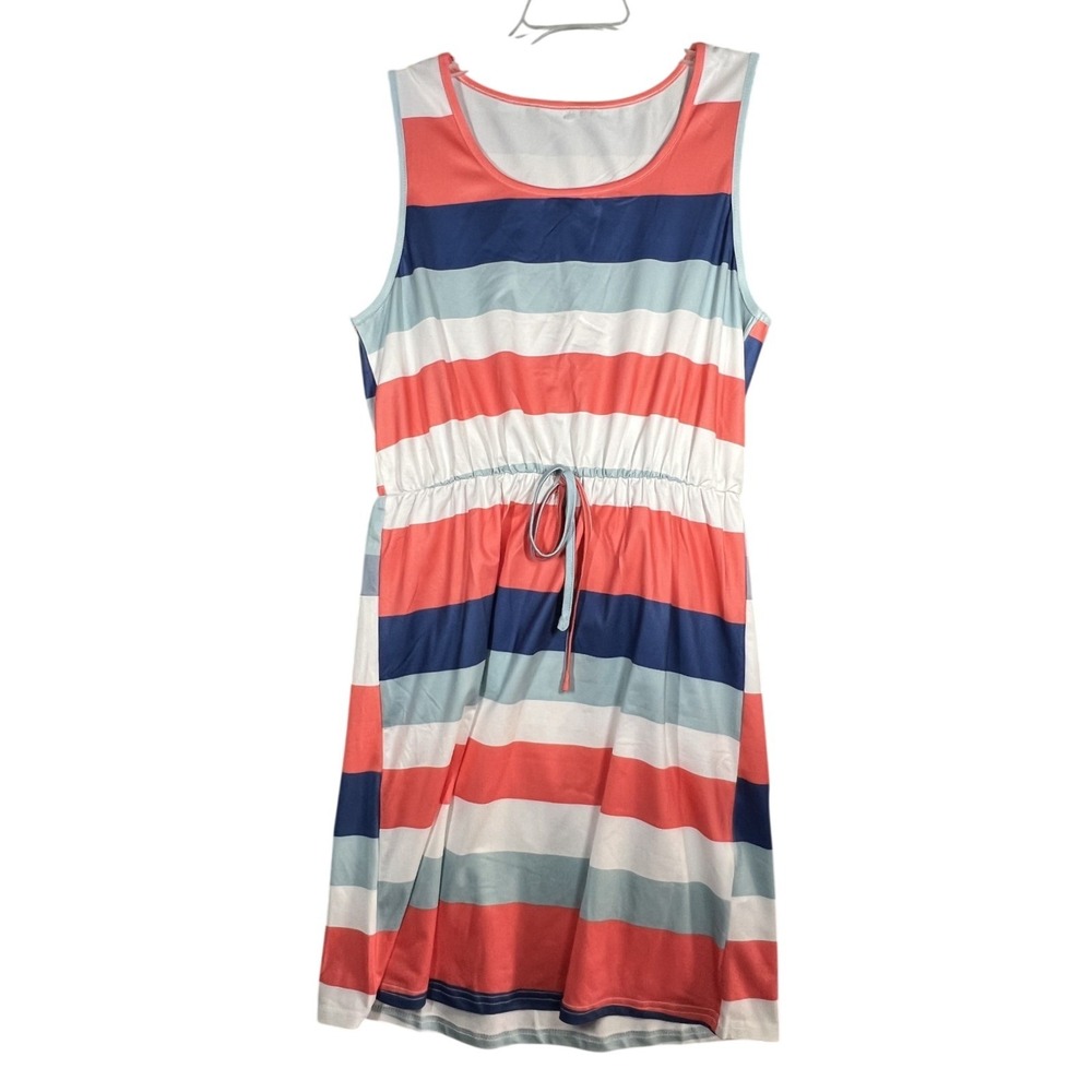 Women's Striped‎ Sleeveless Drawstring Waist Casual Summer Tank Dress Size M